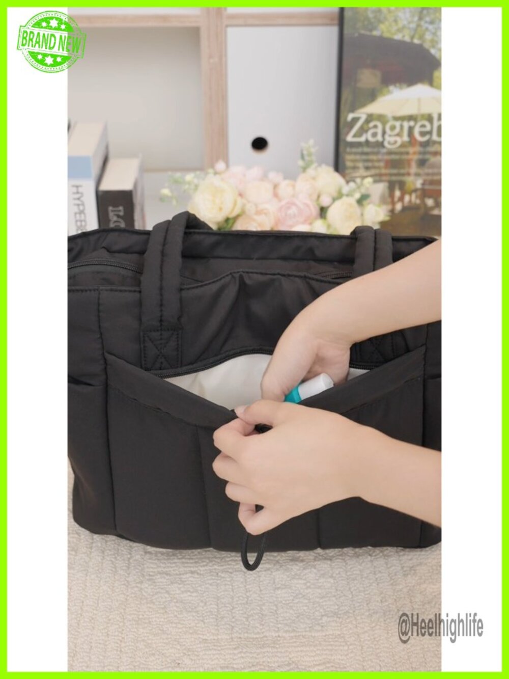 Puffer Tote Bag with Cup Holder, Laptop Compartment & Trolley Sleeve for Travel - Picture 7 of 7